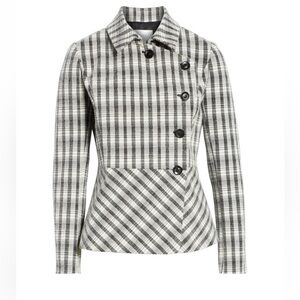 LEWIT Plaid Peplum Jacket/Blazer in Ivory and Black. Size L. NWT